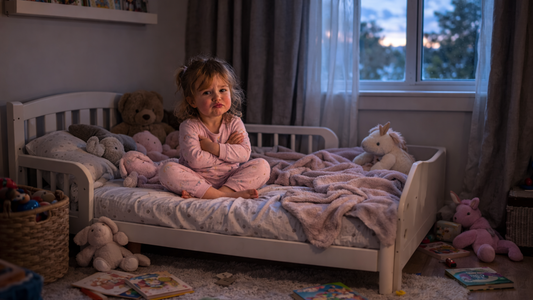 Image of a little girl, sat with her arms and legs crossed on her bed, her mouth forming a pout. It is evening and she refuses to sleep.