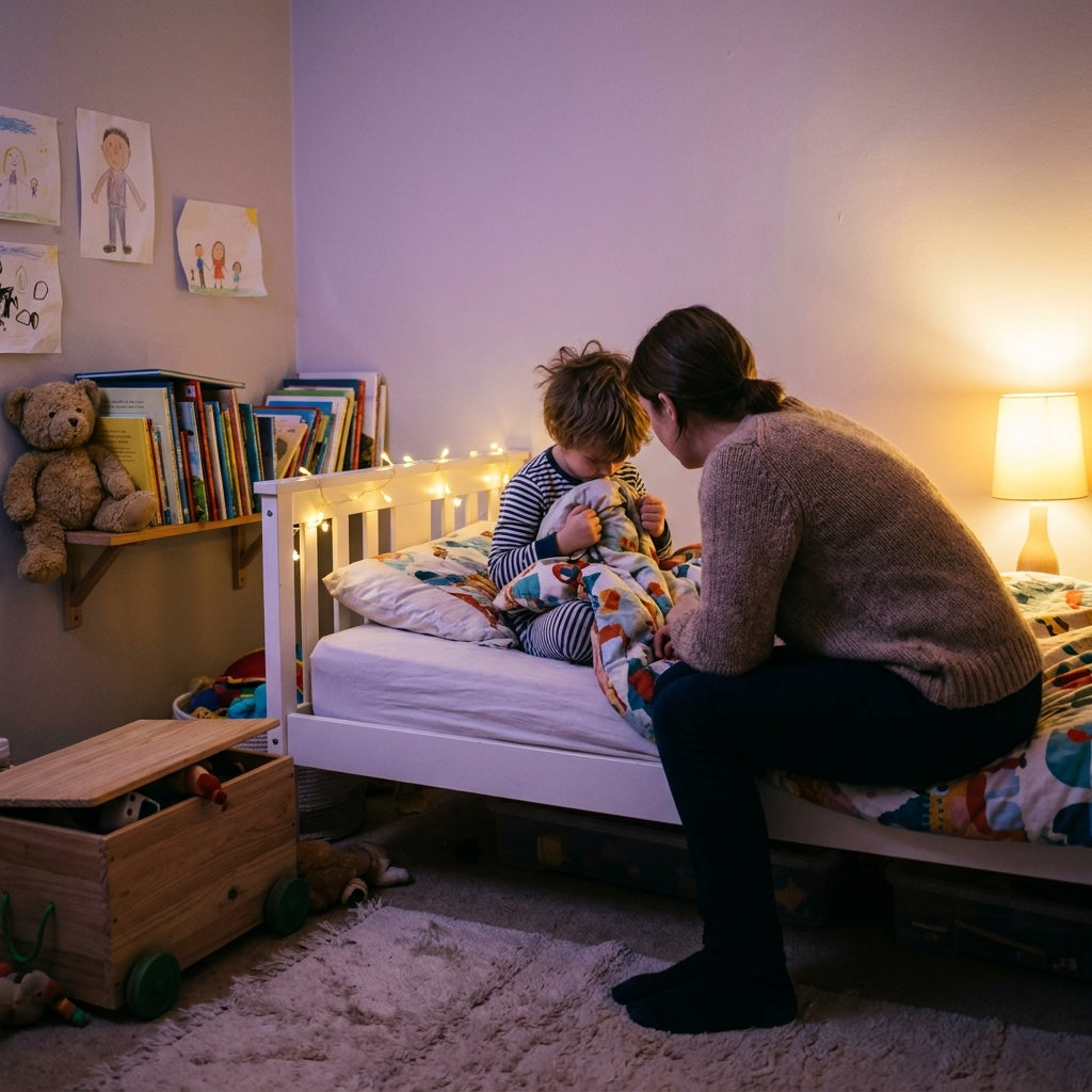 Parent sitting on the edge of a young child's bed, comforting them in a softly lit bedroom