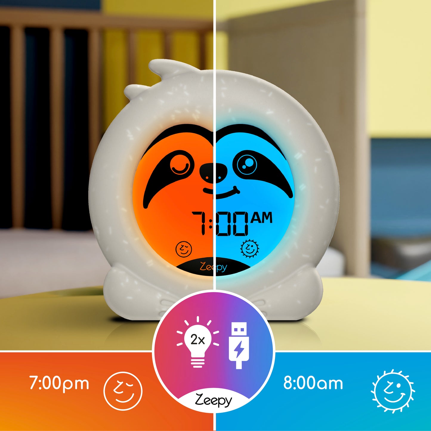 Zeepy 2 Phase Toddler Sleep Training Clock, USB Power - Slumber the Sloth